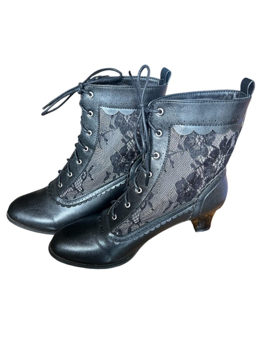Black Lace-Panel Lace-Up Heeled Ankle Boots
